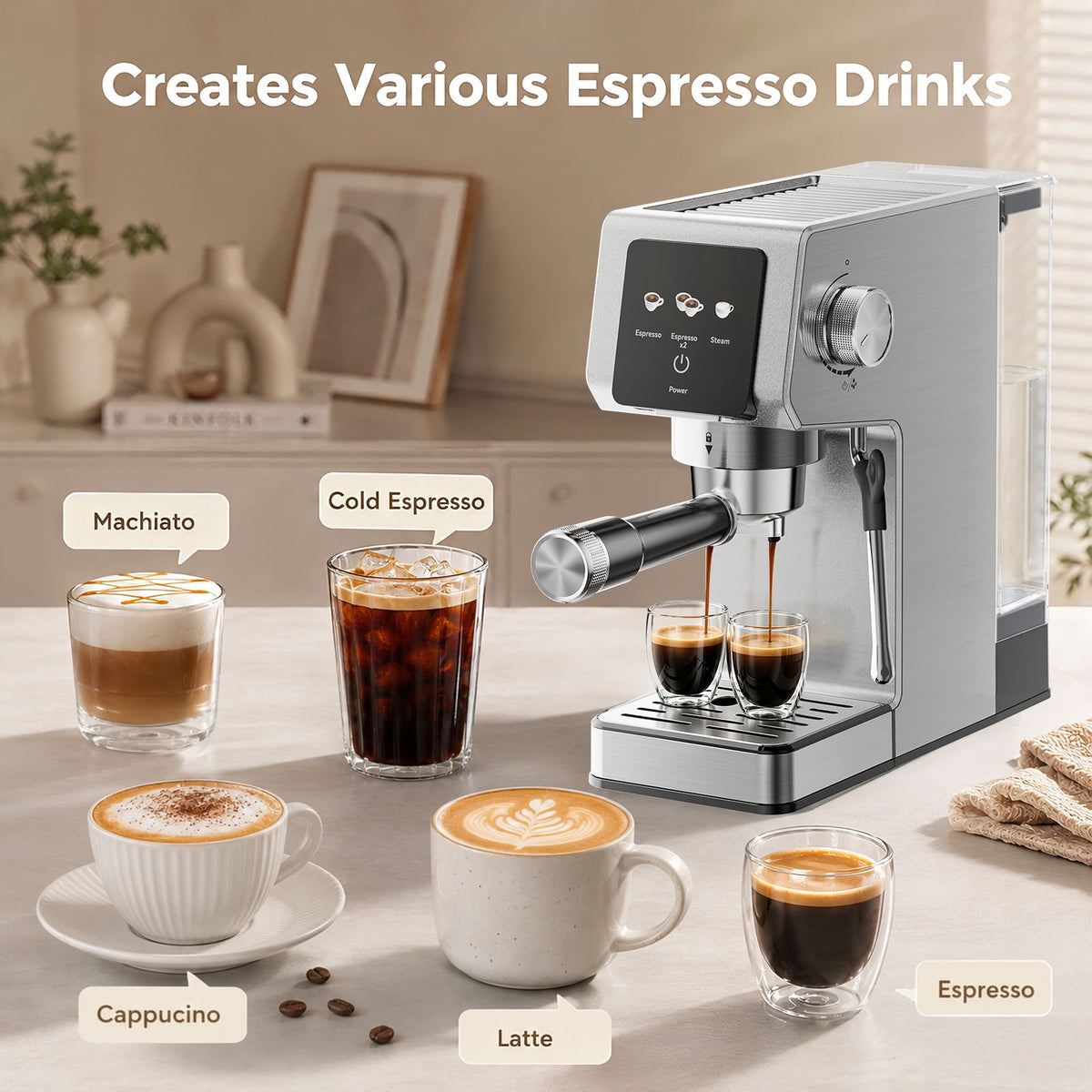 20-Bar Espresso Machine with Rapid Cold Brew, Stainless Steel Coffee Maker, 40oz Removable Water Tank for Cappuccino & Latte, Silver