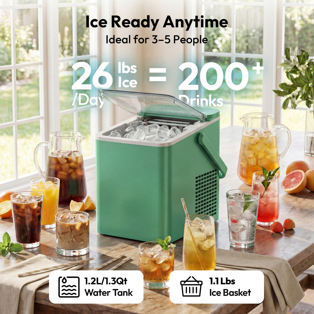 EUHOMY Countertop Ice Maker with Handle, 26 lbs/Day Portable Ice Machine, 9 Bullet Cubes in 6 Minutes, 2 Ice Sizes, Self-Cleaning, 1.1L Water Tank, Black
