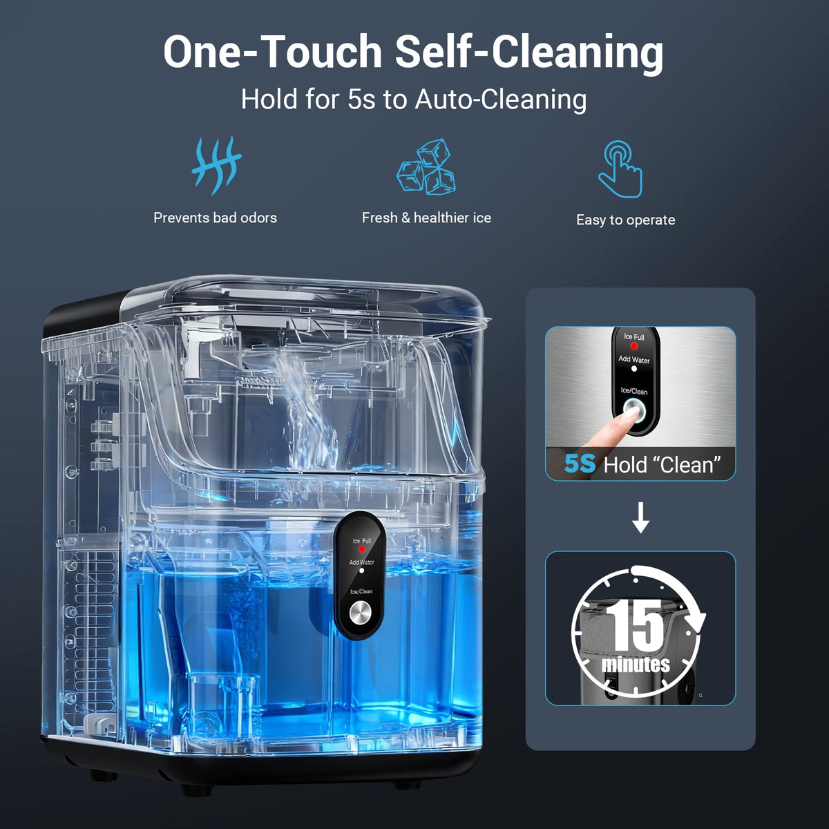 Snowyermine Nugget Ice Maker Countertop, 35 lbs per Day, Soft, Chewable Sonic-Style Pebble Ice, One-Touch Self-Cleaning, Stainless Steel, Black, for Home, Kitchen, Office, RV and Camping