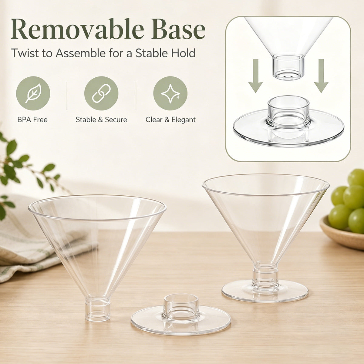 TINANA Disposable Martini Glasses, 24 Count 5oz Clear Plastic Cocktail Cups for Dessert, Wine, Drinks, BPA-Free
