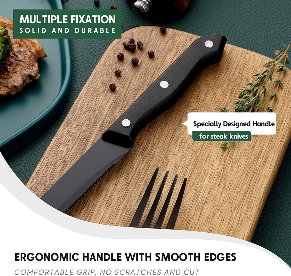Black Flatware Set, AOKIWO 48-Piece 18/8 Stainless Steel Tableware Silverware with Steak Knives for Kitchen Restaurant, Mirror Polished ,Dishwasher