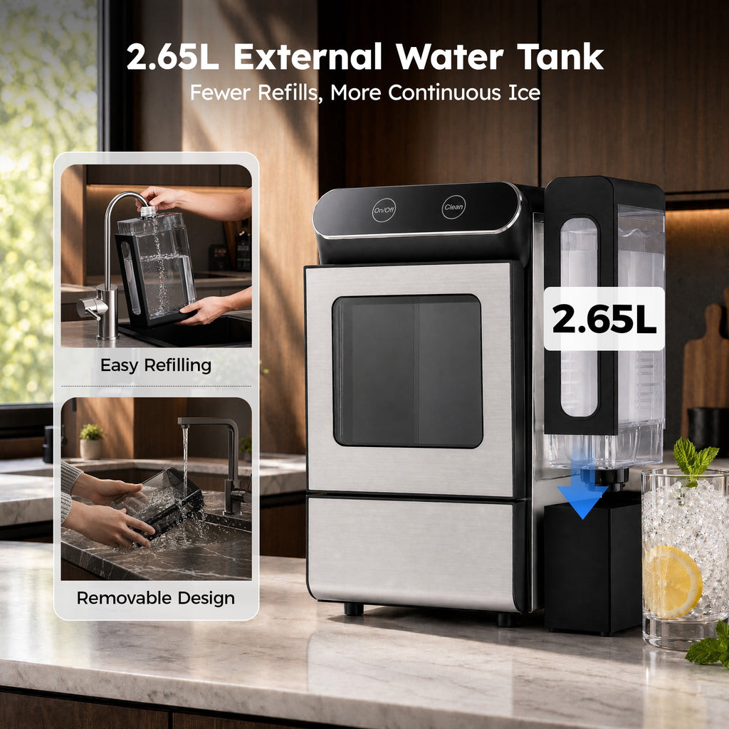 Simzlife Countertop Nugget Ice Maker, 26 Lbs/24H Chewable Sonic Ice, Self-Cleaning Ice Machine, 2.65L Water Tank