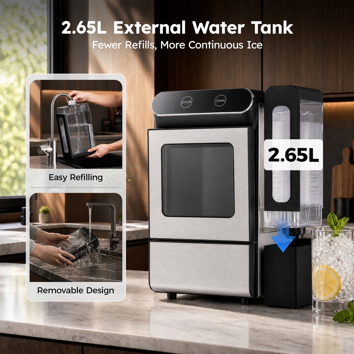 Simzlife Countertop Nugget Ice Maker, 26 Lbs/24H Chewable Sonic Ice, Self-Cleaning Ice Machine, 2.65L Water Tank