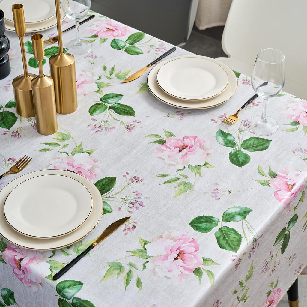 Verolix 84 x 60 inch Rectangular Tablecloth, Featuring Pink Floral Leaf Pattern, Made from Polyester Fabric for Dining Kitchen Home Decor
