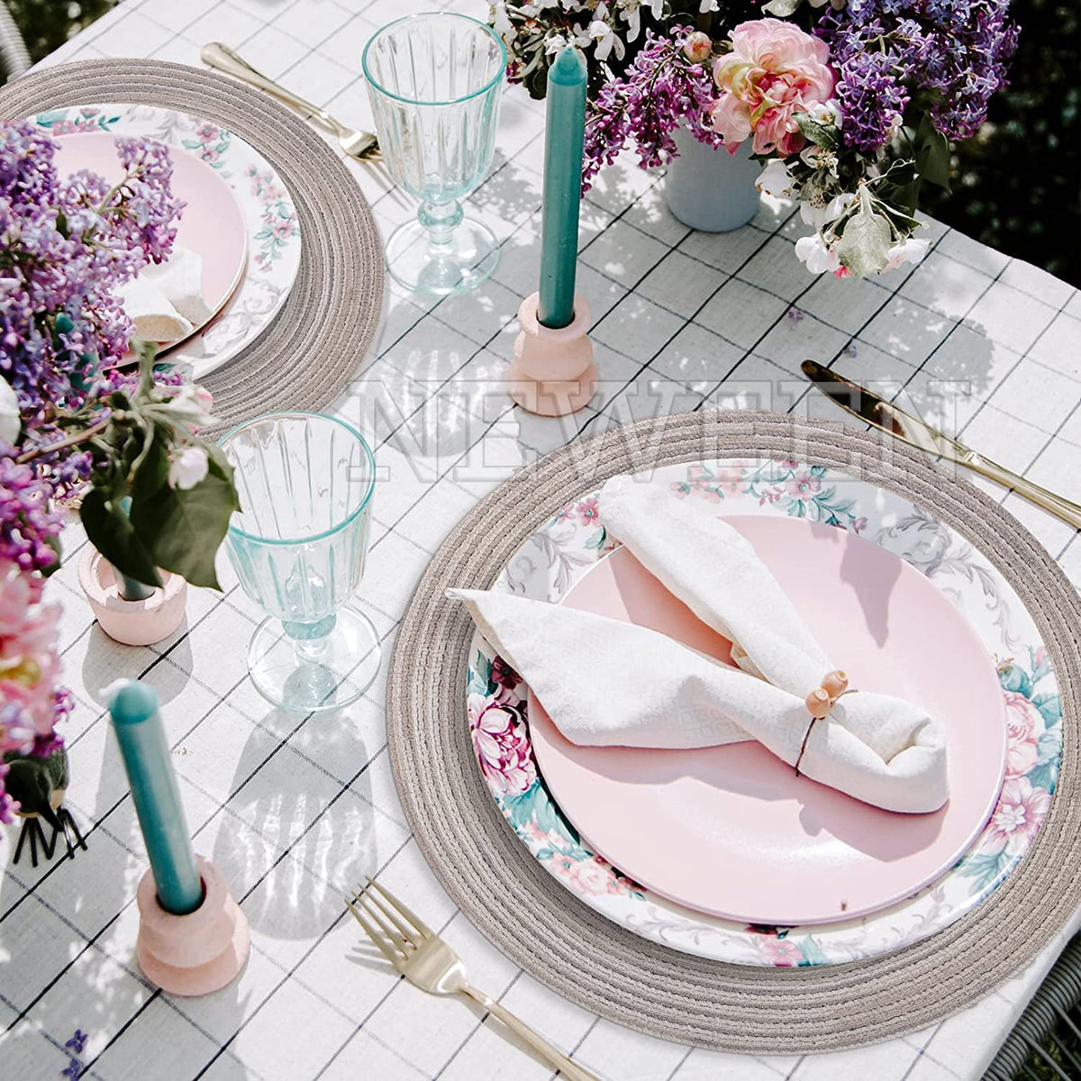 NEWEEN 15" Round Placemats Set of 6 Braided Fabric Heat Resistant Washable Table Mat for Kitchen for Kitchen Party Decor