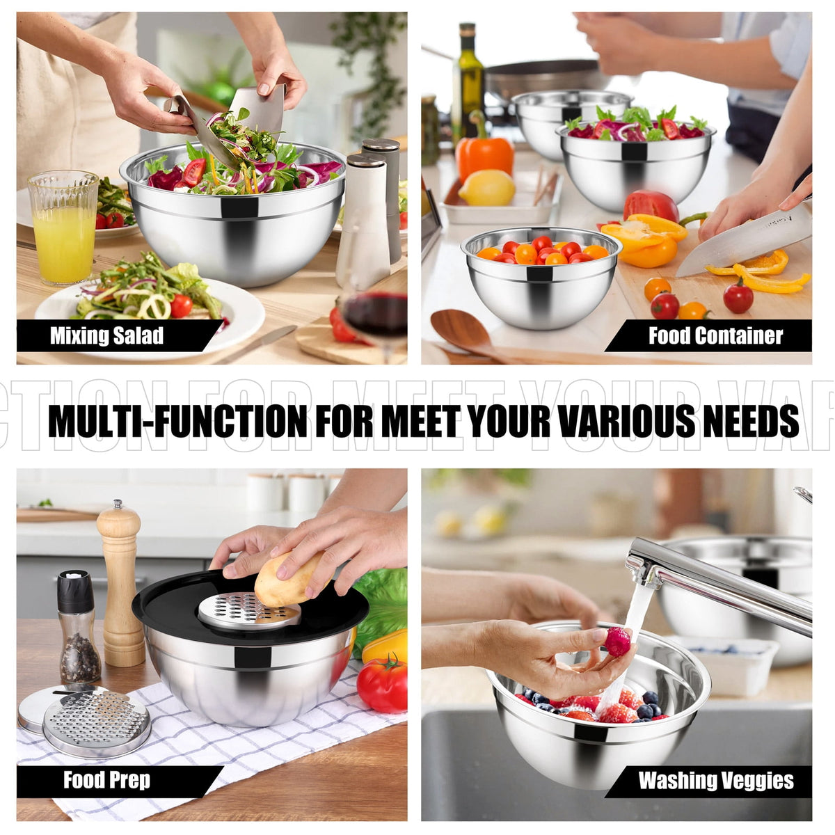 Mixing Bowls with Lids Set of 5, Vesteel Stainless Steel Mixing Bowls Metal Nesting Salad Bowls, Size 4.5, 3, 1.5, 1, 0.7 QT Great for Cooking, Baking, Serving - Multi-Color