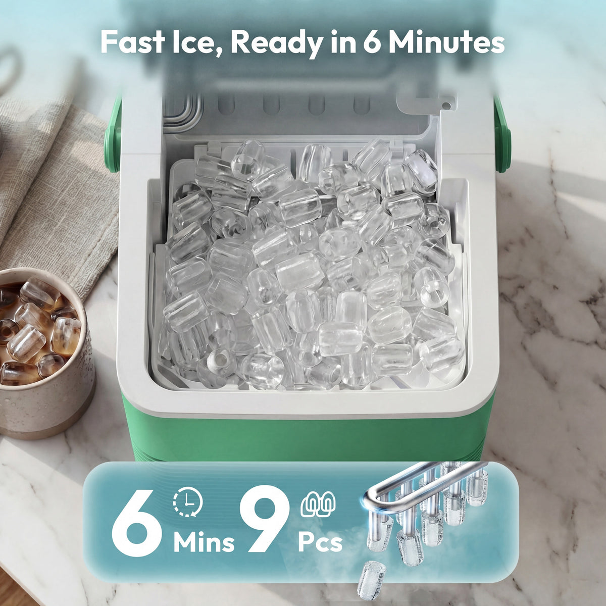 EUHOMY Countertop Ice Maker with Handle, 26 lbs/Day Portable Ice Machine, 9 Bullet Cubes in 6 Minutes, 2 Ice Sizes, Self-Cleaning, 1.1L Water Tank, Black