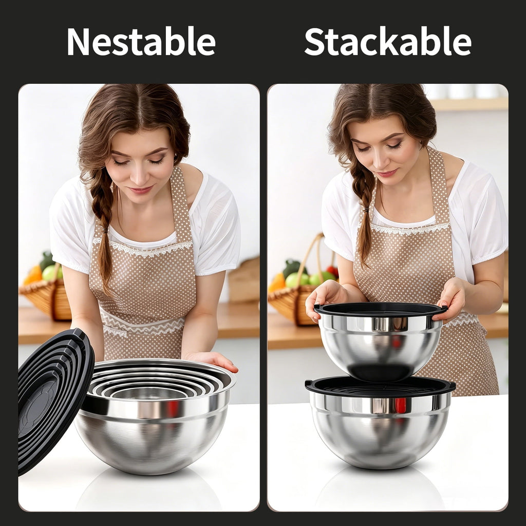 Stainless Steel Mixing Bowls Set, TINANA 6 Pack Mixing Bowls with Lids, Metal Nesting Storage Bowls for Kitchen, 4.5/3/2.5/2/1.5/0.75QT, Great for Prep, Baking, Serving, Multicolor