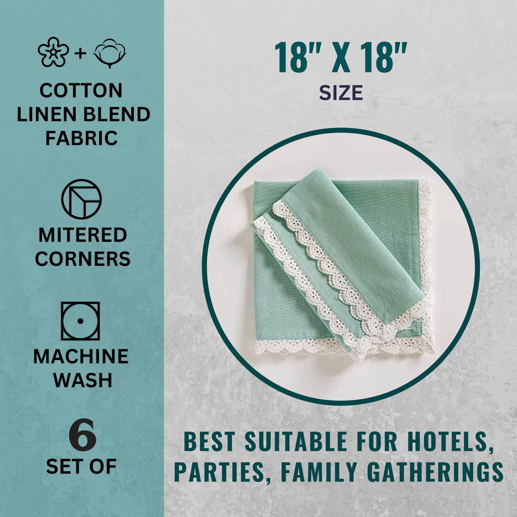Fingercraft Cloth Napkin, Soft Quality Cotton Linen Blend Fabric, Dinner Napkins with Premium White Lace, 6 Pack, 20”x20” Aqua