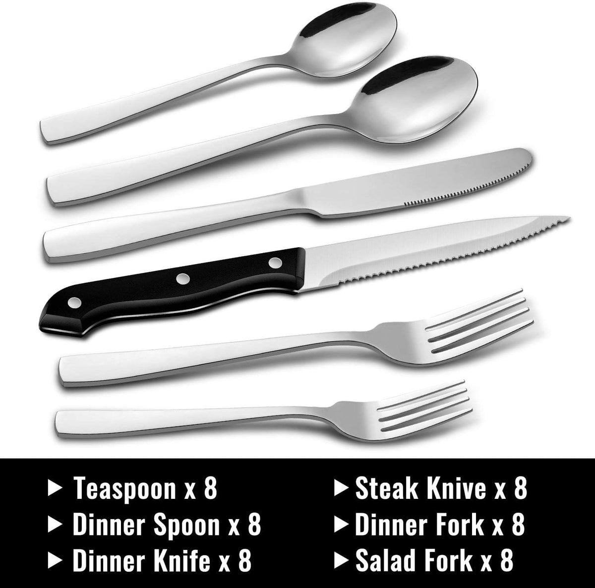 Black Flatware Set, AOKIWO 48-Piece 18/8 Stainless Steel Tableware Silverware with Steak Knives for Kitchen Restaurant, Mirror Polished ,Dishwasher