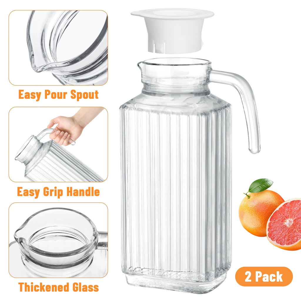 NiHome Glass Pitchers with Lids, 57oz Glass Water Fridge Pitcher for Drinks, Glass Water Jug with Lid & Brush, Beverage Serveware & Storage Container for Lemonade, Iced Tea, Milk, Coffee(2PCS Clear)