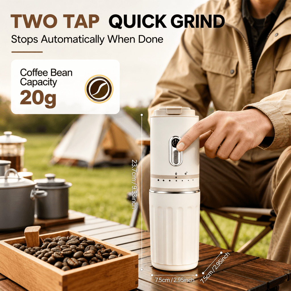 Fatomal Portable Coffee Maker, Travel Coffee Maker with Electric Grinder, Cordless Mini Coffee Machines with Insulated Mug for Travel, Camping, Car, White