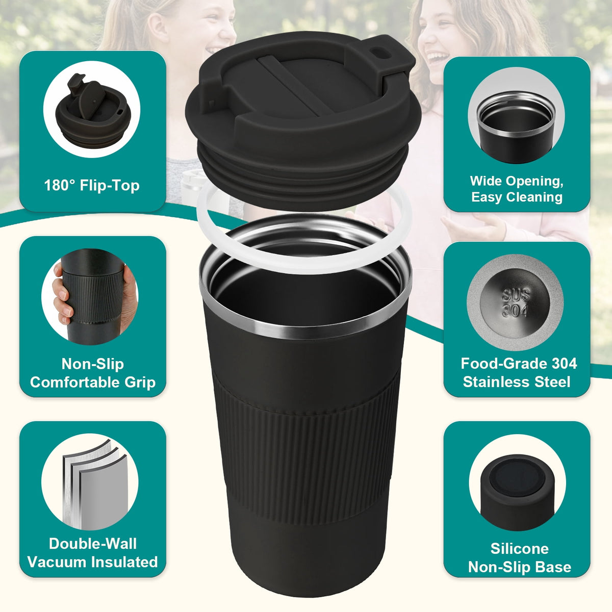 Vaparinckl Travel Coffee Mug, 17 oz Stainless Steel Vacuum Insulated Coffee Tumbler with Lid, Reusable Cup for Hot & Cold Drinks, Black