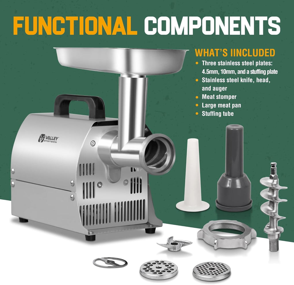 Valley Sportsman #8 Stainless Steel Meat Grinder, Powerful 575-Watt Motor Sausage Meat Grinder with Grinder Knife, Ideal for Regular Use, Sausage Making, Silver