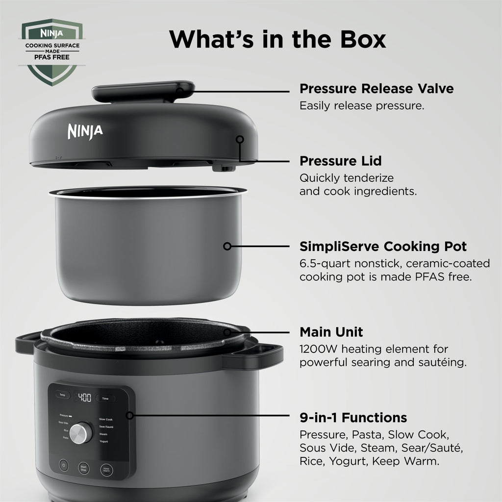 Ninja HyperHeat 8-in-1 Electric Pressure Cooker with SimpliServe Pot — 6.5 Qt, Cooks Up to 2X Faster, 1200W, Feeds 8–10, Sage Leaf