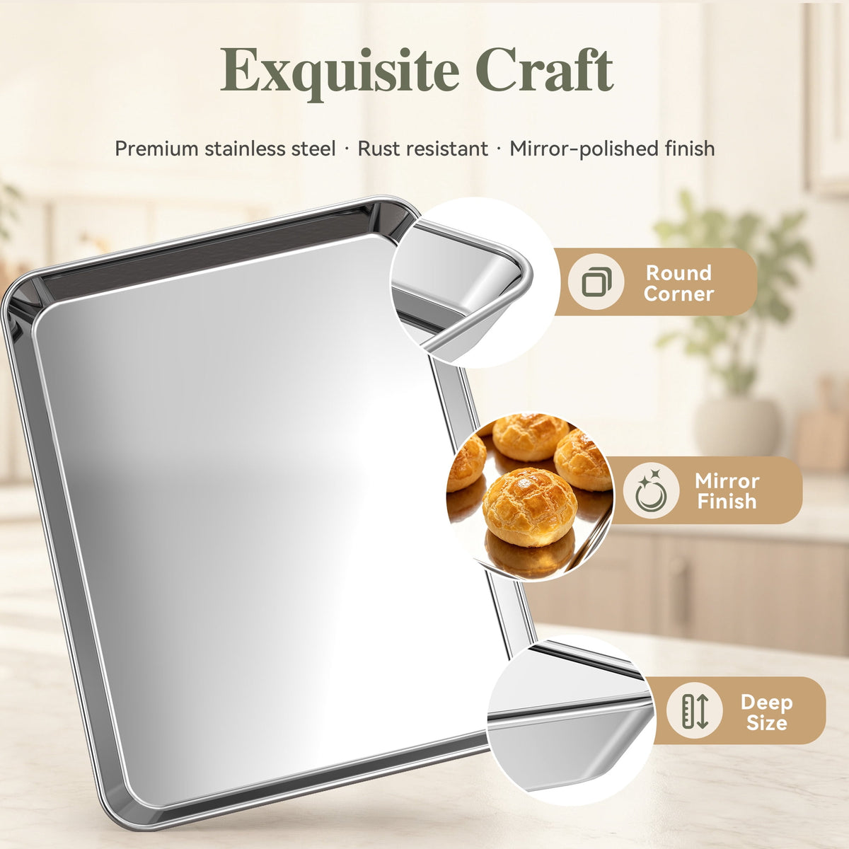 TINANA Stainless Steel Baking Sheet Pan Set, 3 Pack 16/13/10 Inch Cookie Sheets, Mirror Finish, Oven and Dishwasher Safe
