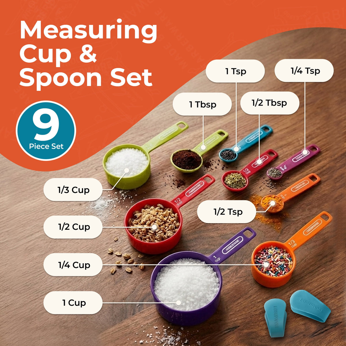 Farberware Kitchen Basics 9-Piece Colorful Measuring Cup & Spoon Set