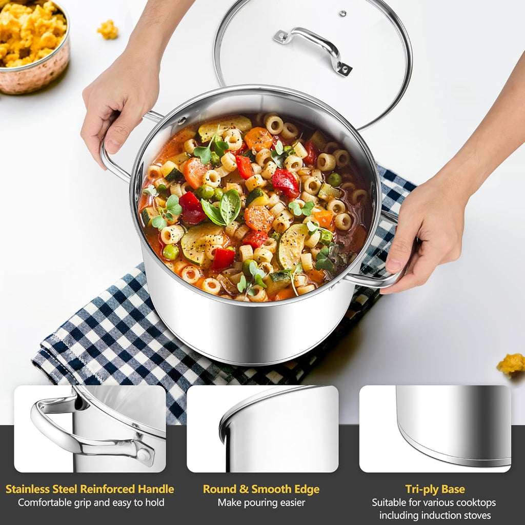Coliware Large Stock Pot, 12 QT Trip-Ply Bottom Stainless Steel Cooking Pot with Tempered Glass Lid, Soup Pasta Cookware Compatible with Gas Induction Electric Stoves, Ollas de Cocina