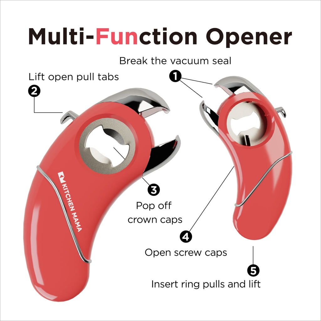 Kitchen Mama Epic One Magnetic Multifunction Opener: Beer, Soda Can, Pull Tab, Jar Opener (Red)