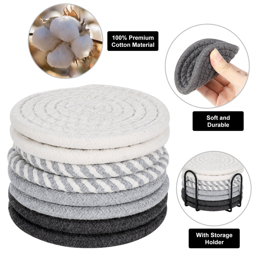 AOWOO 8 Pcs Drink Coasters with Holder, Cotton Woven Absorbent Coasters for Drinks, Minimalist Home Decor Coaster Set for Wooden Tabletop Protection Table(Color 1)