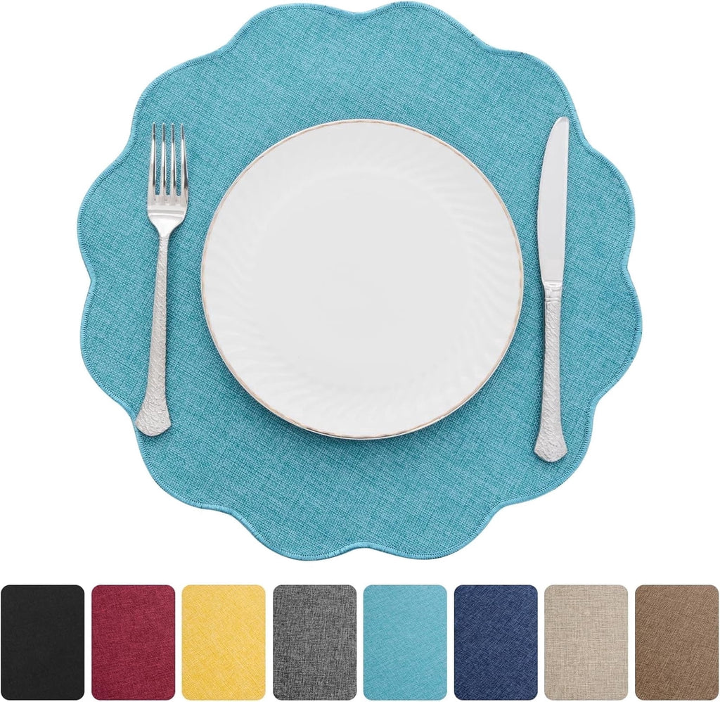Ileading Scalloped Round Placemats Set of 6 Polyester Linen Blend Washable Non Slip Place Mats Easy Clean Heat Resistant Table Mats for Kitchen Dining Table Decor