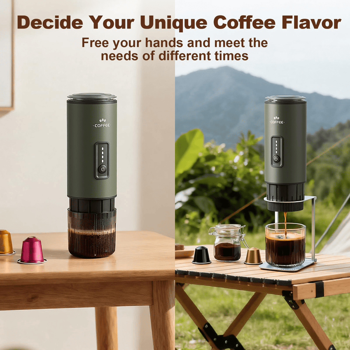 GVODE Portable Espresso Machine, Self-Heating 3-in-1 Portable Coffee Maker, 20 Bar Electric Travel Espresso Maker for Capsules & Ground Coffee, Green