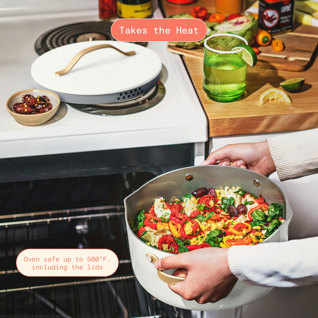 Beautiful 12-Piece Cookware Set, Pots and Pans with Strainer Lids and EverGood Ceramic Nonstick Coating, White Icing by Drew Barrymore