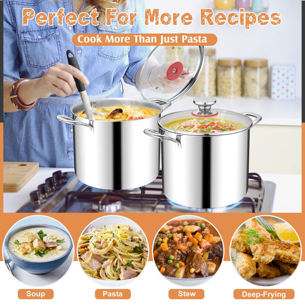 Coliware 8 QT Stainless Steel Stock Pot with Glass Lid, Cooking Soup Pot with 3-Ply Whole Clad for