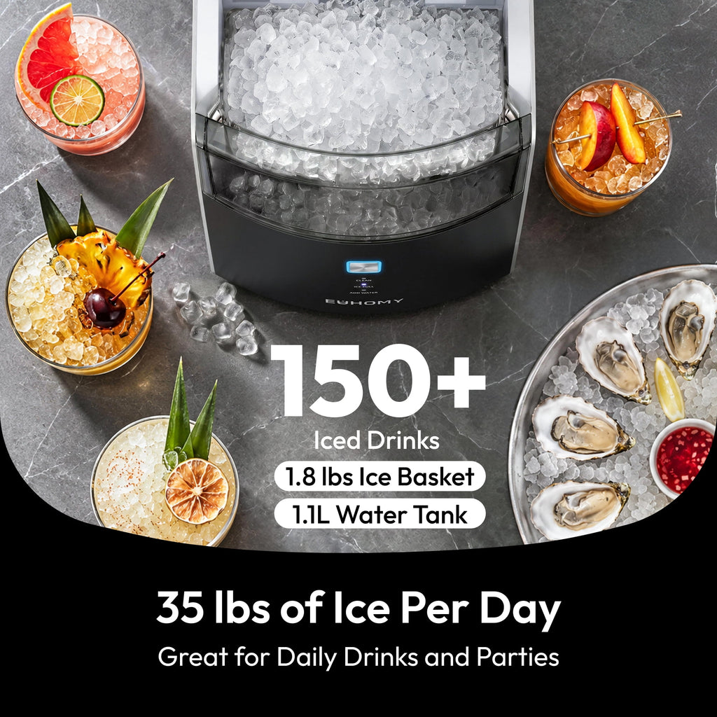 EUHOMY Countertop Nugget Ice Maker, 35lbs/24H Chewable Ice Machine, Self-Cleaning, Quiet Operation, Portable for Home, Office, Bar & RV, Black