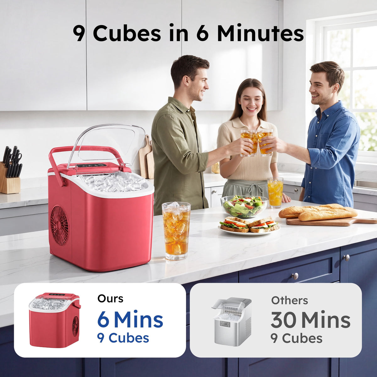 Simzlife Countertop Ice Maker, 26 Lbs/24H, 9 Bullet-Shaped Ice Cubes in 6 Minutes, Auto-Cleaning Ice Machine, Black