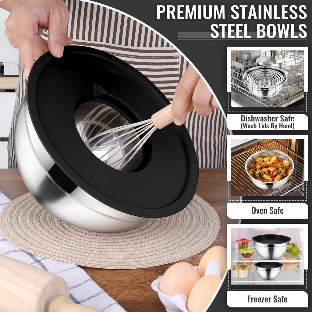 Mixing Bowls with Lids Set of 5, Vesteel Stainless Steel Mixing Bowls Metal Nesting Salad Bowls, Size 4.5, 3, 1.5, 1, 0.7 QT Great for Cooking, Baking, Serving - Multi-Color