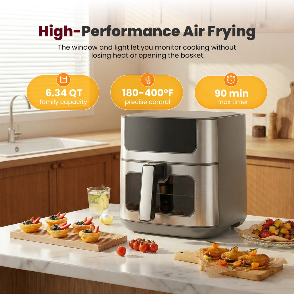 EDX 6QT Stainless Steel Air Fryer with Digital Touchscreen, 1500W, 8 Presets, Dishwasher Safe Basket, 90 Min Timer, 24H Delay Start, Gray