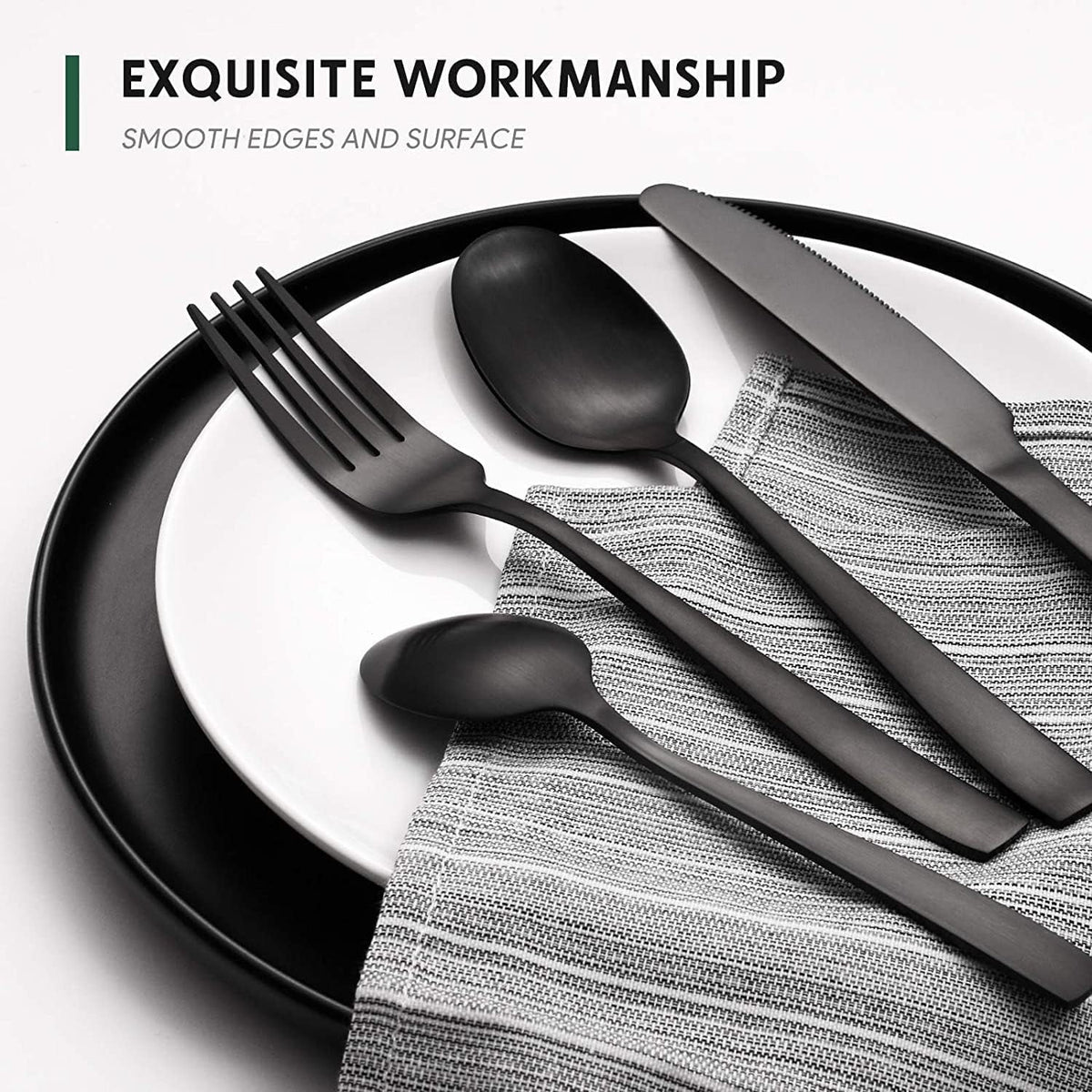 Black Flatware Set, AOKIWO 48-Piece 18/8 Stainless Steel Tableware Silverware with Steak Knives for Kitchen Restaurant, Mirror Polished ,Dishwasher