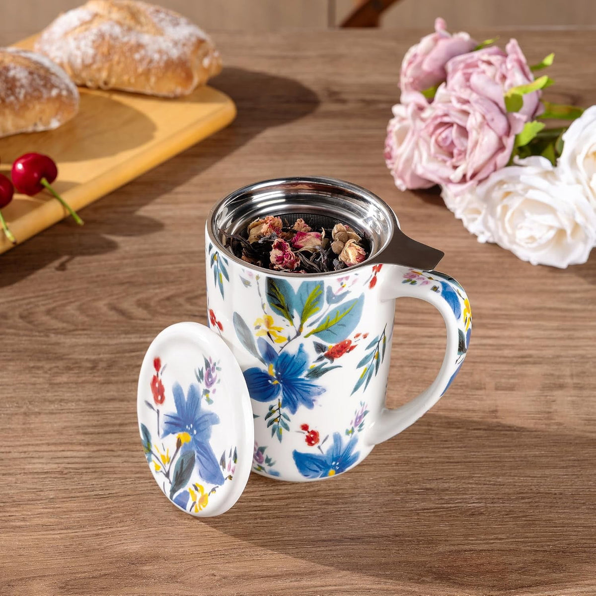 AmorArc Porcelain Tea Mug with Infuser and Lids, 18 Oz Cup Strainer Bag Holder for Loose Leaf Tea, Steeping Coffee Well-wrapped Box House-warming Wedding Birthday Gift, YelloRed