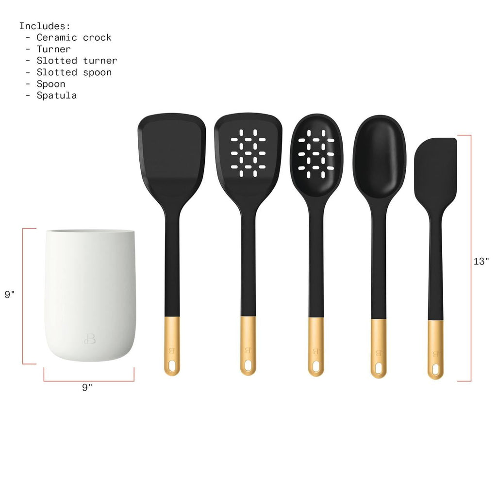 Beautiful 6-Piece Silicone Kitchen Tool Set with Ceramic Crock, Chocolate by Drew Barrymore