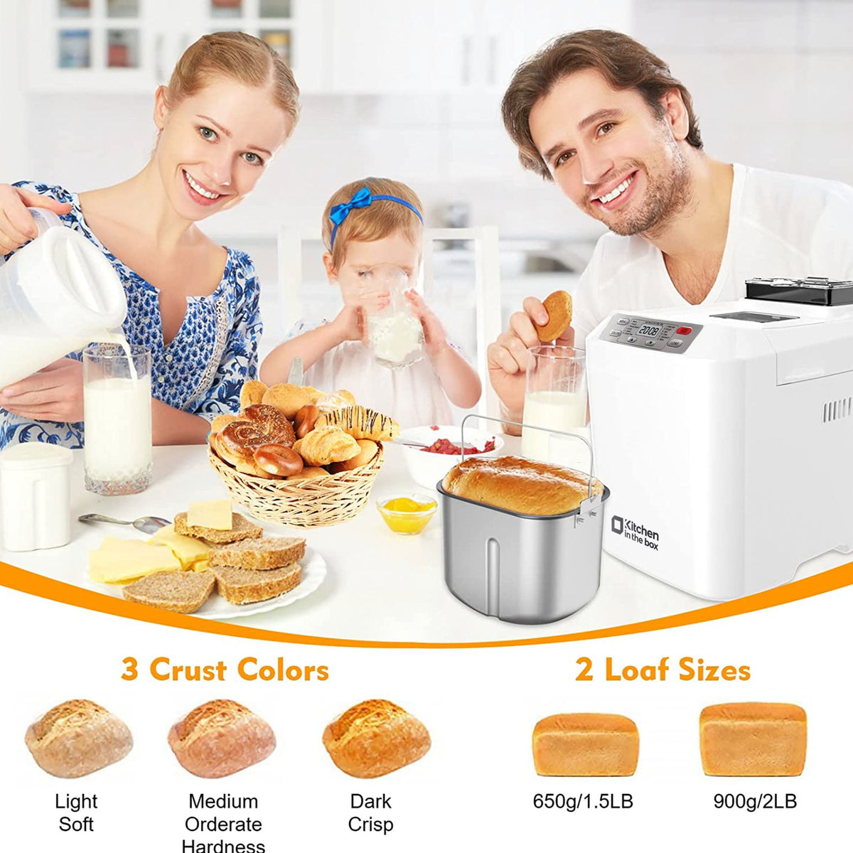 Kitchen in the Box 2lb Bread Maker with Auto Fruit Nut Dispenser, 12-in-1 Gluten-Free Bread Machine, 13H Delay Timer, Nonstick Pan, Keep Warm, White