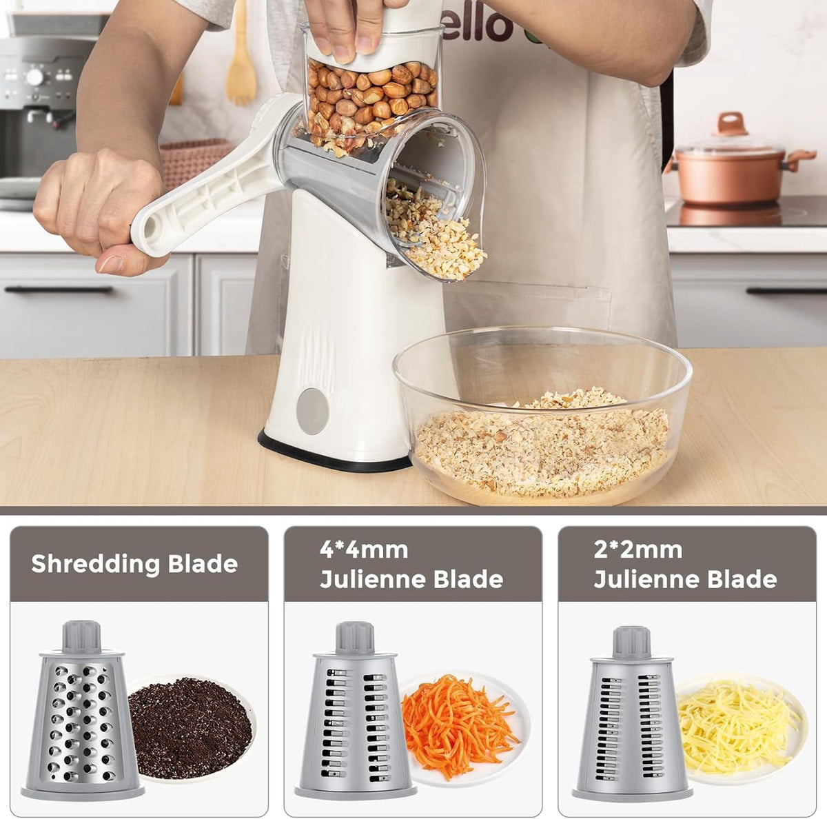 Premium Rotary Cheese Grater, Manual Cheese Grater for Kitchen, Handheld Vegetables Slicer Cheese Shredder with Rubber Suction Base, 3 Stainless Drum Blades Included,Blue