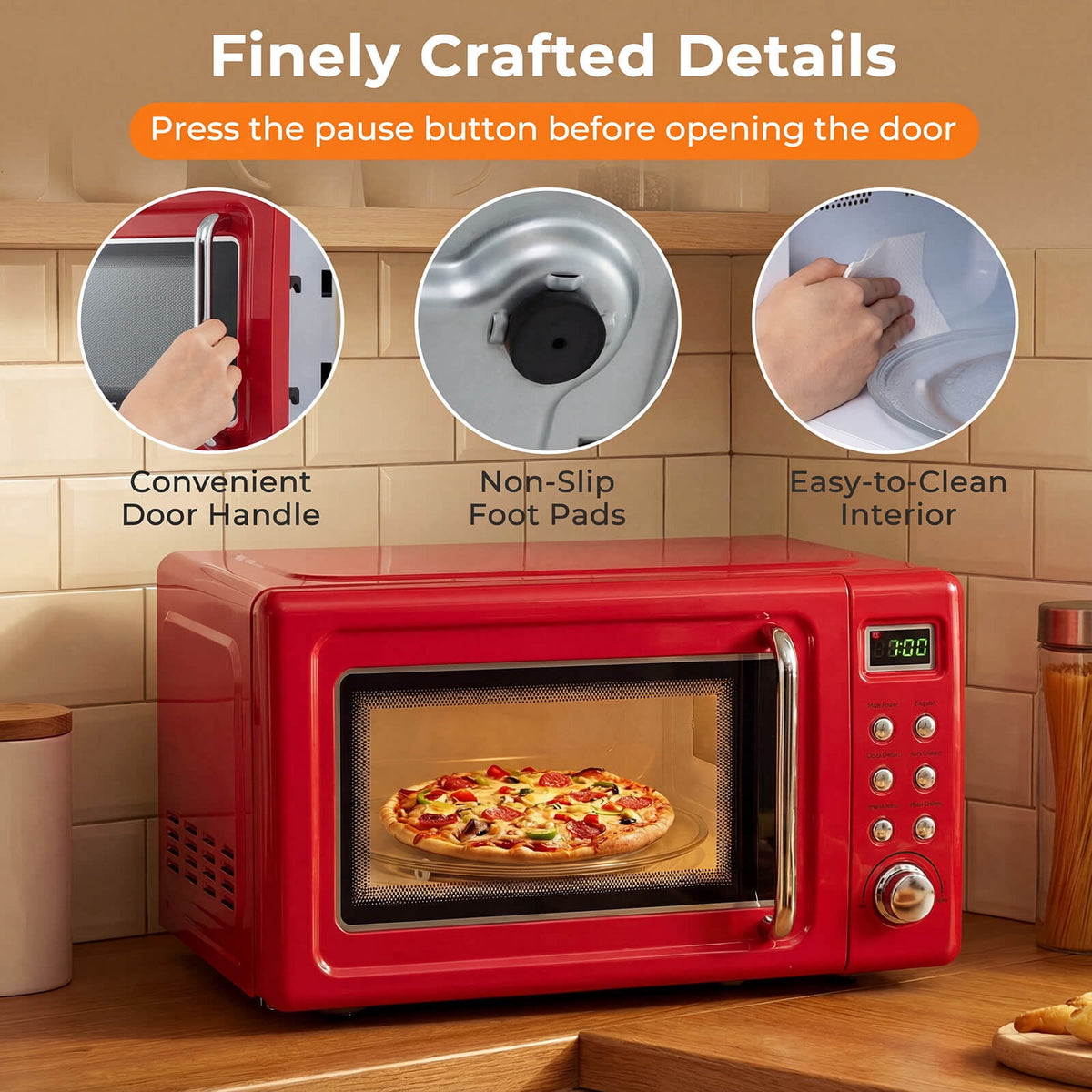 Costway 0.7 Cu.ft Retro Countertop Microwave Oven 700W LED Display Glass Turntable Rose Gold