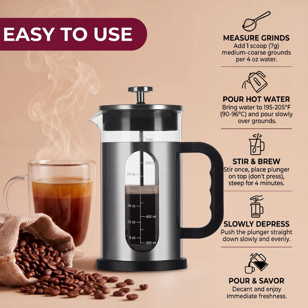Glass French Press Coffee Maker, 304 Stainless Steel Heat Resistant Durable, Borosilicate Glass Coffee Press, 34oz