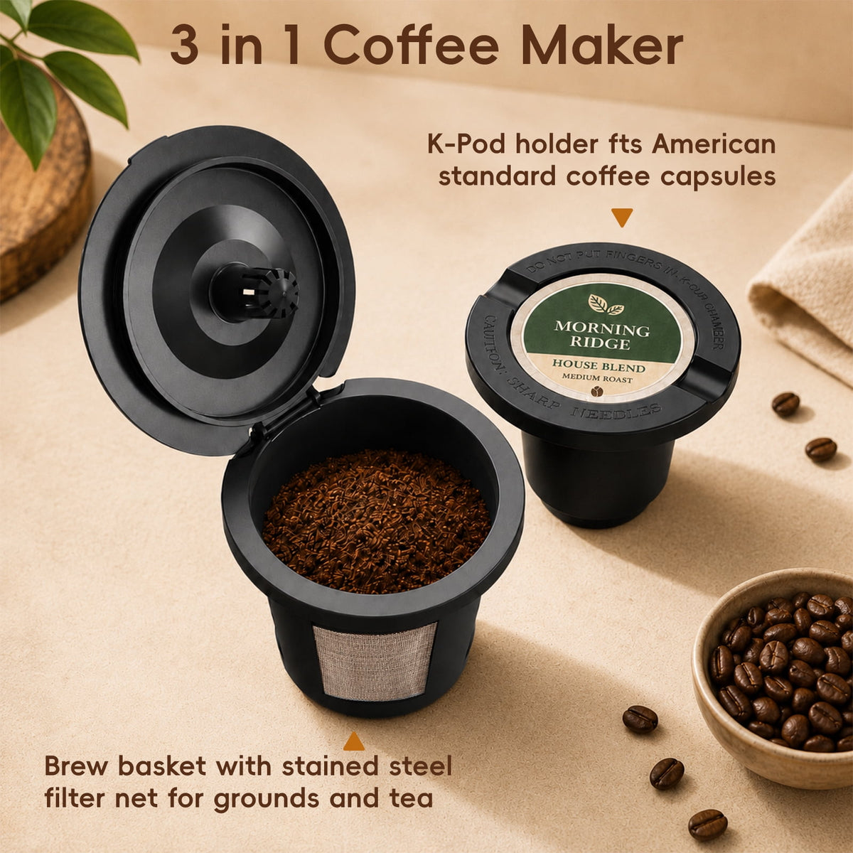 Jesslyn Single Serve Coffee Maker: Coffee Machine Compatible with K Cup Capsules & Grounds, Black