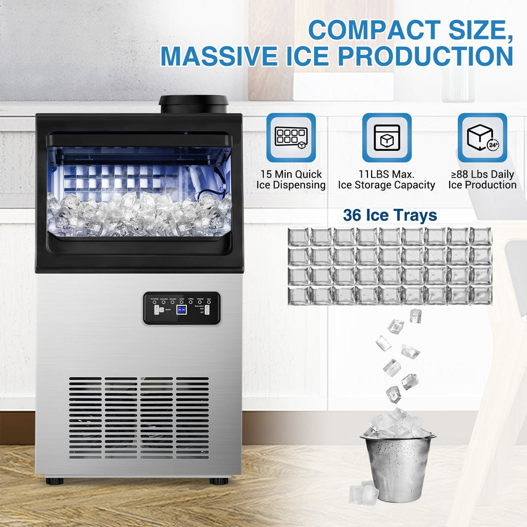 TITTLA Commercial Ice Maker 88Lbs/24H,Freestanding Built-in Ice Machine with 23 lbs Storage,5x9 Cubed Ice,Stainless Steel