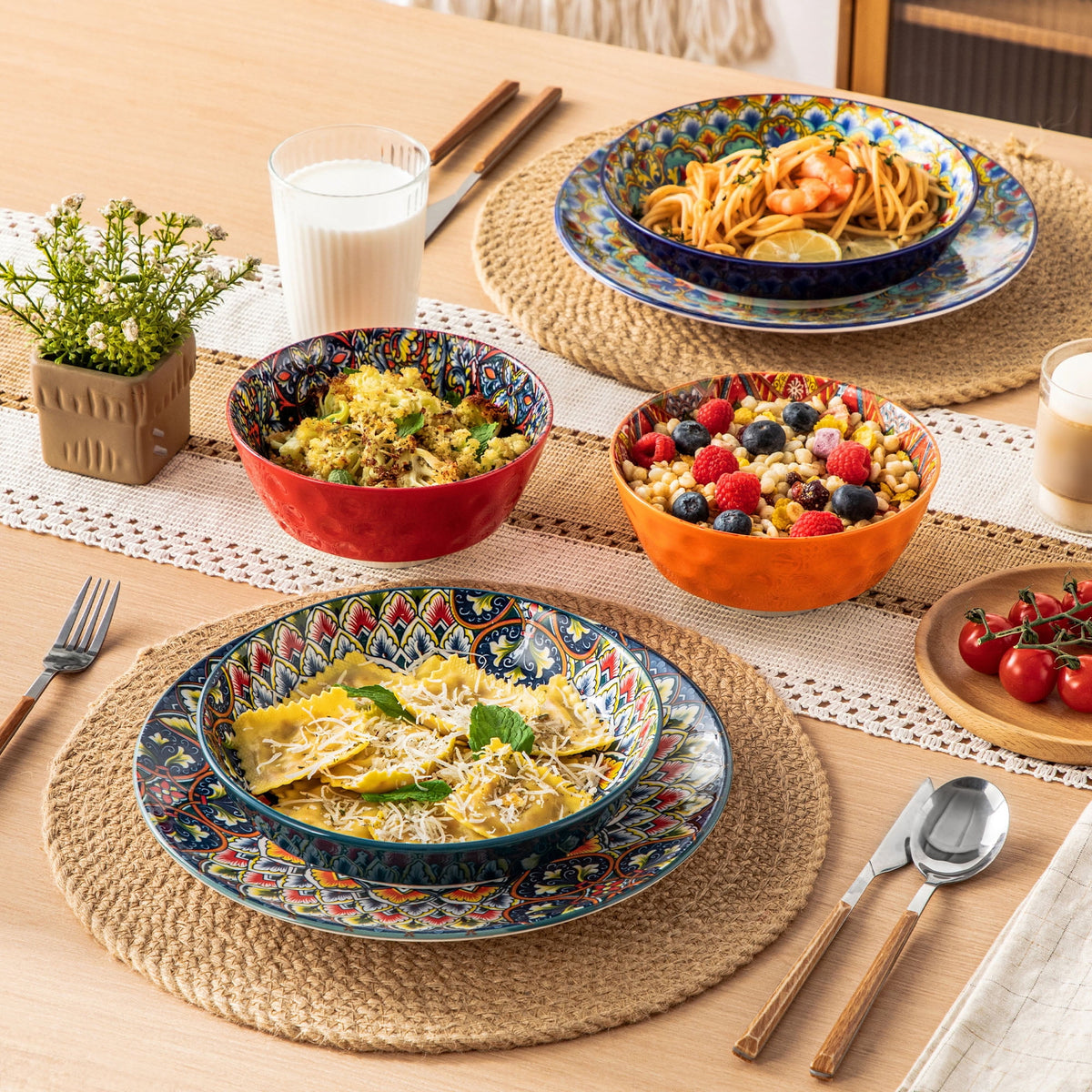 Vancasso Pasta Bowls, Ceramic 32 oz Dinner Bowls Set of 6, Bohemian Salad Bowls, Large Serving Bowls for Soup and Cereal, Microwave and Dishwasher Safe, Series LUMI