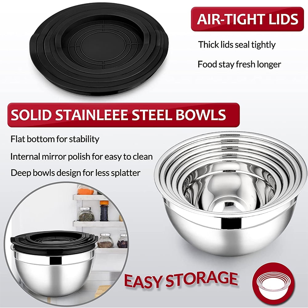 Mixing Bowls with Lids Set of 5, Vesteel Stainless Steel Mixing Bowls Metal Nesting Salad Bowls, Size 4.5, 3, 1.5, 1, 0.7 QT Great for Cooking, Baking, Serving - Multi-Color