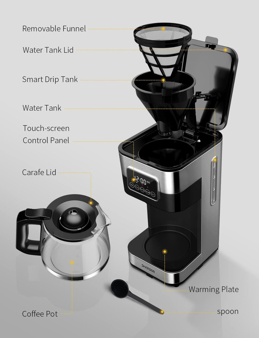 8-Cup Programmable Coffee Maker with Thermal Carafe, Touch Screen Timer, Auto Shut off & Pause-Serve Feature, Strong Brew Option, Stainless Steel & Black