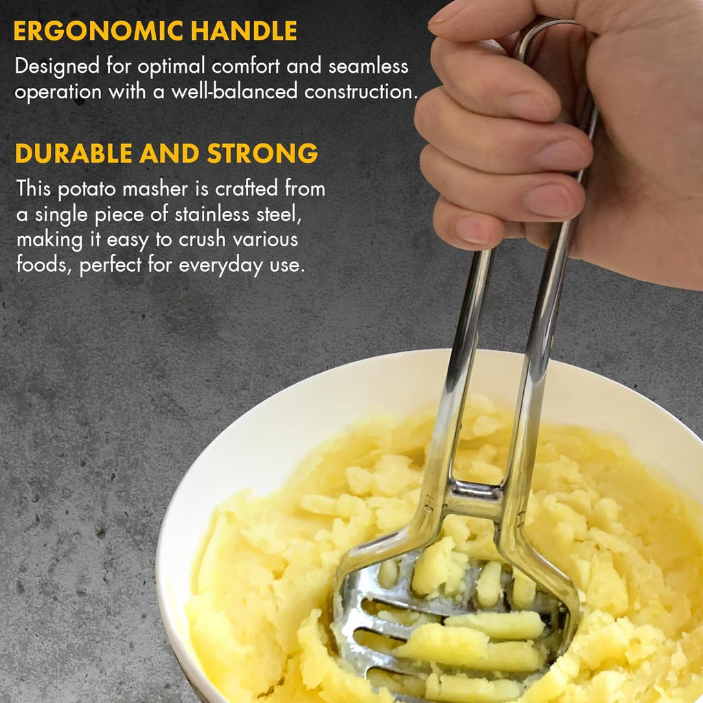 Heavy Duty Stainless Steel Potato Masher – Durable & Rustproof – Unique One-Piece Design for Quicker Mashing root vegetables, avocados, apples, beans, and nuts – 11-inch Long, Dishwasher Safe