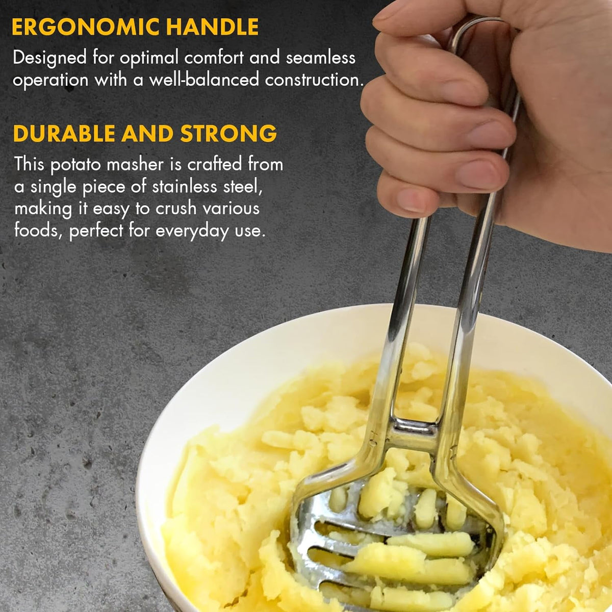 Heavy Duty Stainless Steel Potato Masher – Durable & Rustproof – Unique One-Piece Design for Quicker Mashing root vegetables, avocados, apples, beans, and nuts – 11-inch Long, Dishwasher Safe