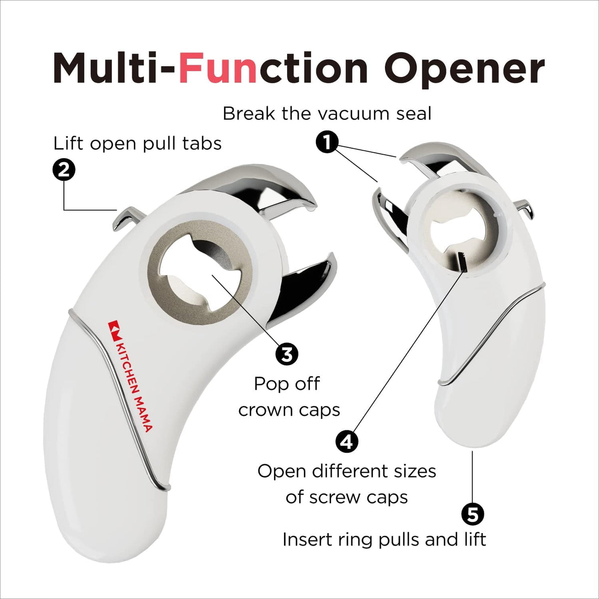 Kitchen Mama Epic One Magnetic Multifunction Opener: Beer, Soda Can, Pull Tab, Jar Opener (Red)