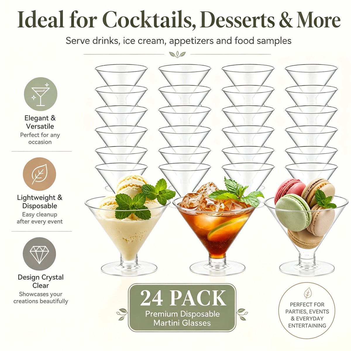TINANA Disposable Martini Glasses, 24 Count 5oz Clear Plastic Cocktail Cups for Dessert, Wine, Drinks, BPA-Free