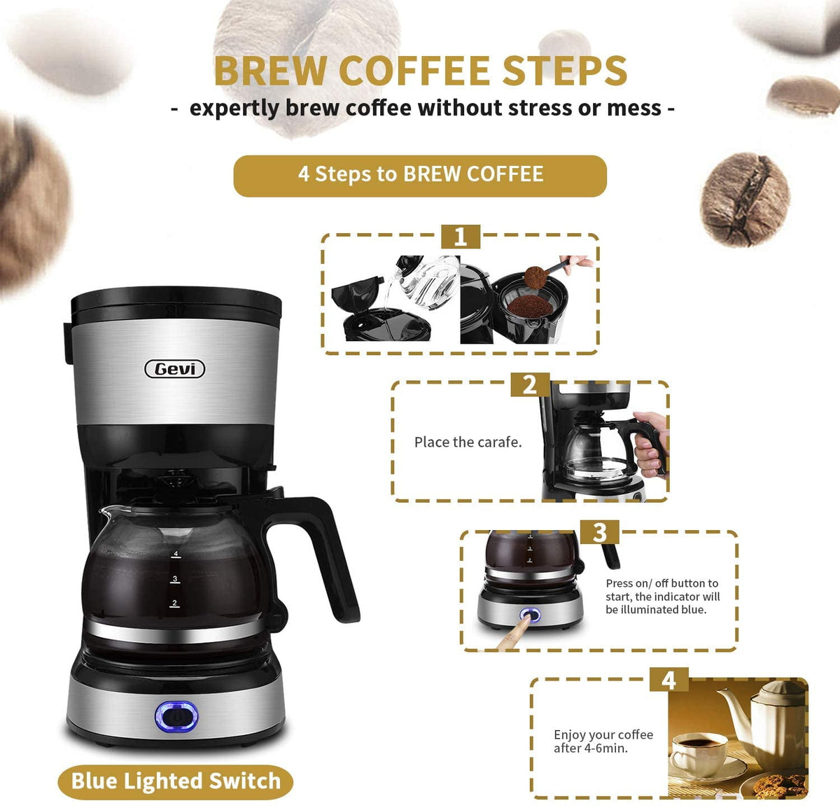 Gevi 4-Cup Compact Drip Coffee Maker with Reusable Filter & Warming Plate, Black