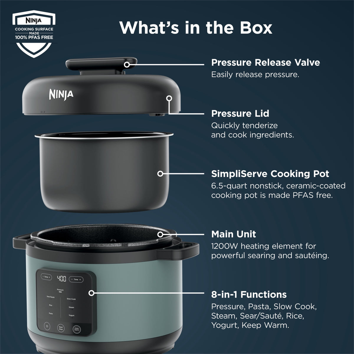 Ninja HyperHeat 8-in-1 Electric Pressure Cooker with SimpliServe Pot — 6.5 Qt, Cooks Up to 2X Faster, 1200W, Feeds 8–10, Sage Leaf